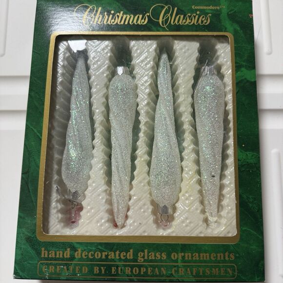 Vintage Commodore Christmas Classics Spiral Sparkle Icicle Glass Ornaments Box 4 - Picture 1 of 4